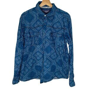 Cowboy Hardware Paisley Print Pearl Snap Western Shirt Men L Blue Long Sleeve